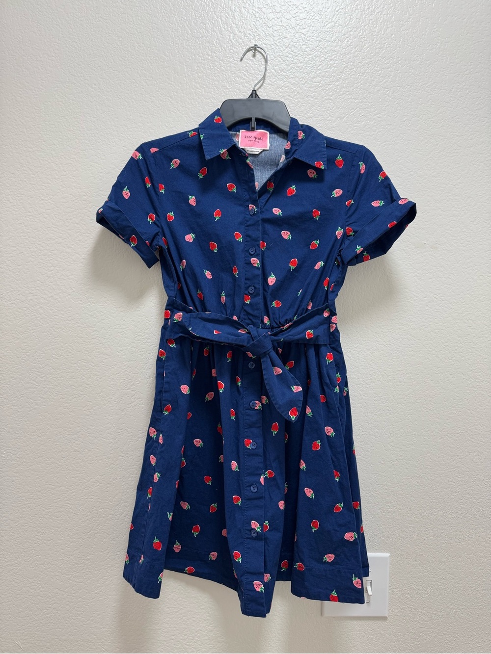 kate spade poplin navy dress with pink strawberry print